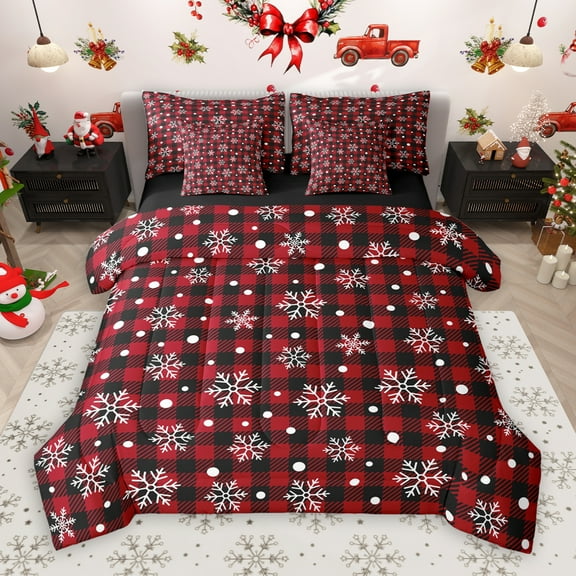 Manfei Modern Grid Artistic 7-Piece Twin Bedding Sets,Cute Christmas Snowflake Bedding Comforter Set,Red Black White Sheet Sets For Girl Kids,Super Cozy Room Decor Reversible