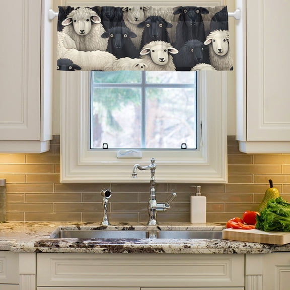 Sheep White Black Curtain Valances Farmhouse Design Window Treatment Decor Blackout Rod Pocket for Windows Living Room Kitchen 54" x 18"