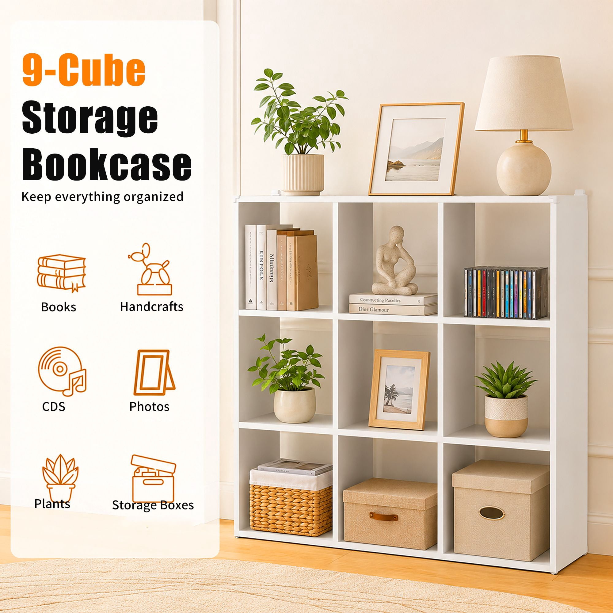 9-Cube Bookshelf, Metal Bookcase and Display Shelf Storage Organizer, for Living Room, Bedroom, Home Office