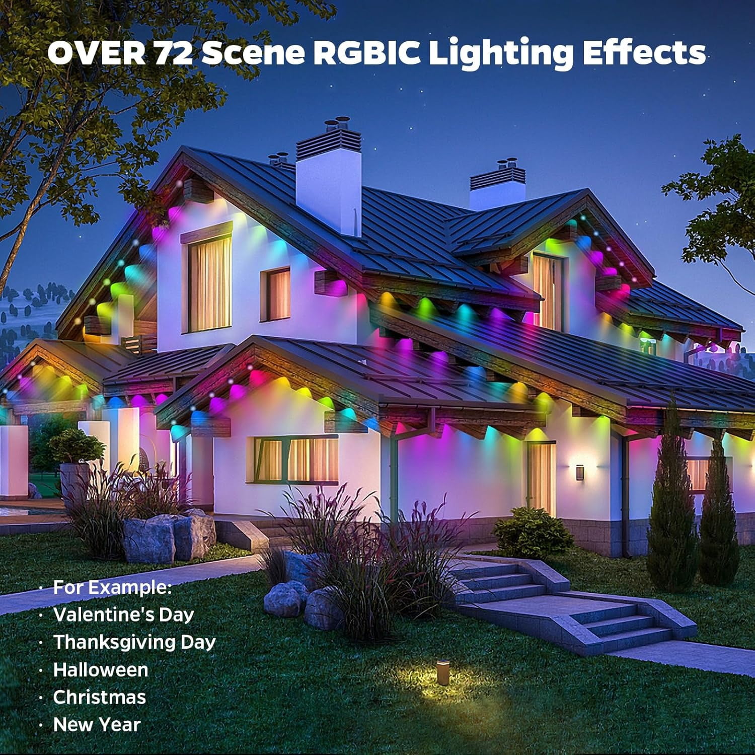 Permanent Outdoor Lights, 100ft Smart RGB+IC Outdoor Lights with 72 Scene Modes, 60 LED Eaves Lights IP67 Waterproof for Holidays, Party, Daily, Compatible with Alexa, Google Assistant