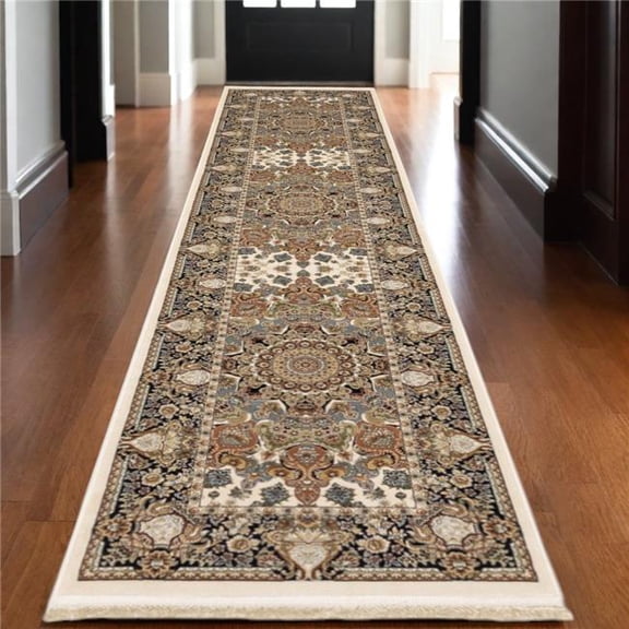 HomeRoots 576080 10 ft. Medallion Runner Rug with Fringe, Ivory, Brown & Black