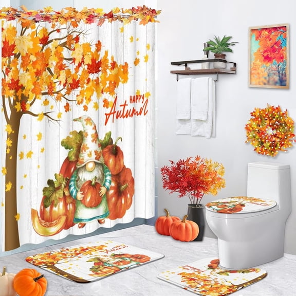 4 Pcs Shower Curtain Sets, Autumn Pumpkin Thanksgiving Waterproof Bathroom Sets with Non-Slip Rugs, Toilet Lid Cover and Bath Mat, 12 Hooks, Accessories Modern Home Bathroom Decor 72" X 72"