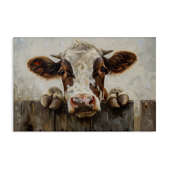 Stupell Industries Rustic Lodge Cow On Fence Canvas Art, 24 x 16, by Petals Prints Design
