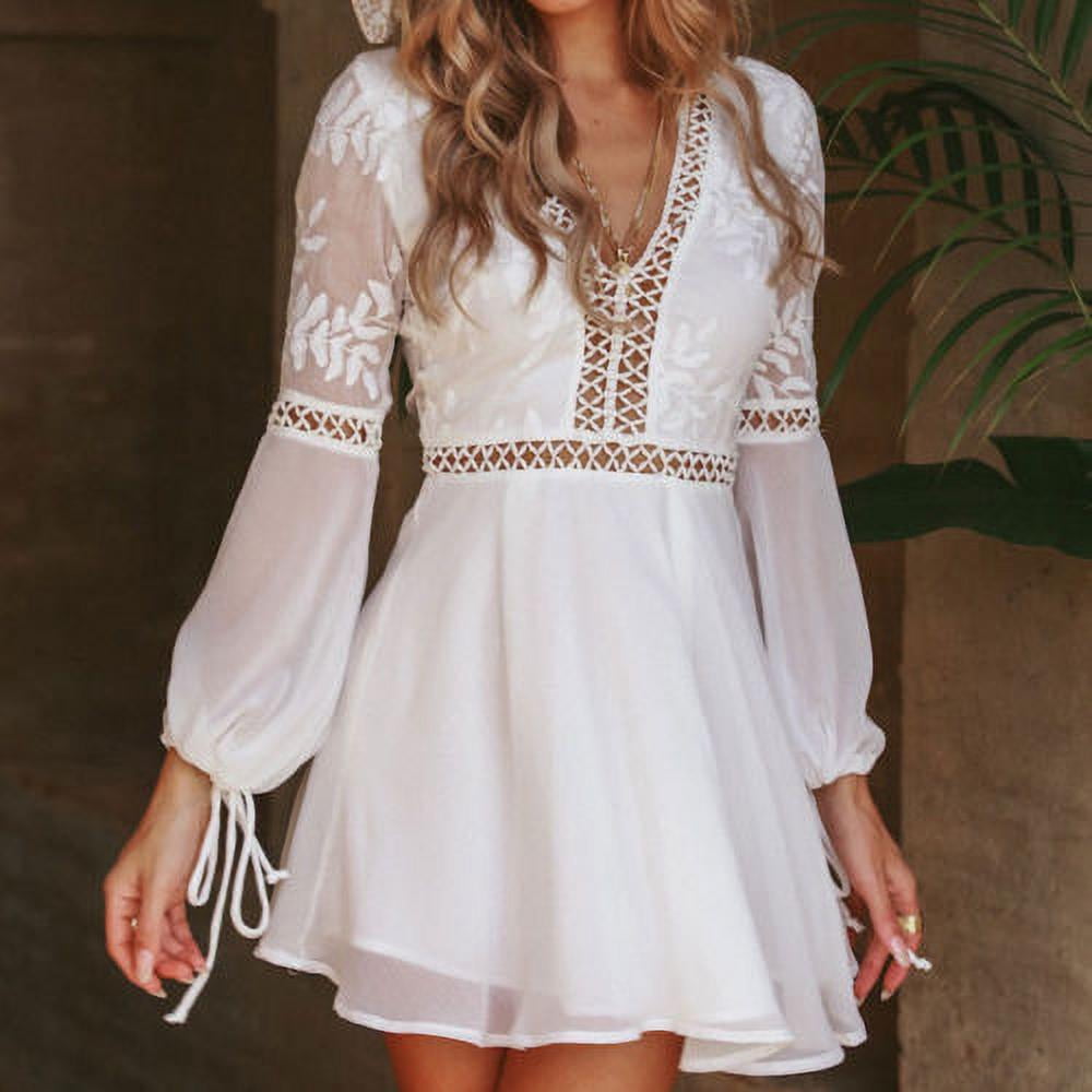 Douhoow Women White Lace Dress Summer V-Neck Backless Dress Lantern Sleeve  Short Dress - Walmart.com