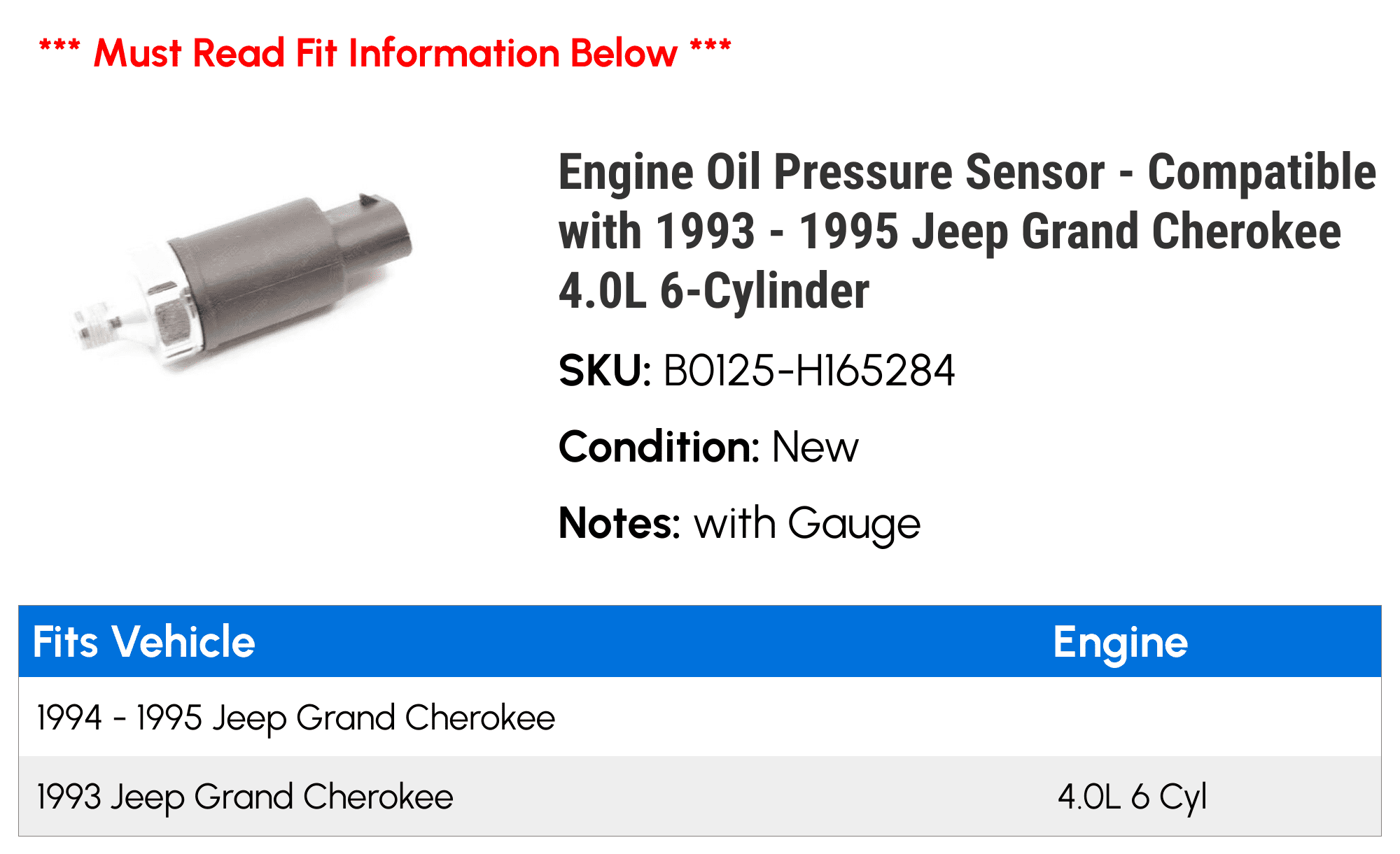 Engine Oil Pressure Sensor - Compatible with 1993 - 1995 Jeep Grand Cherokee 4.0L 6-Cylinder 1994