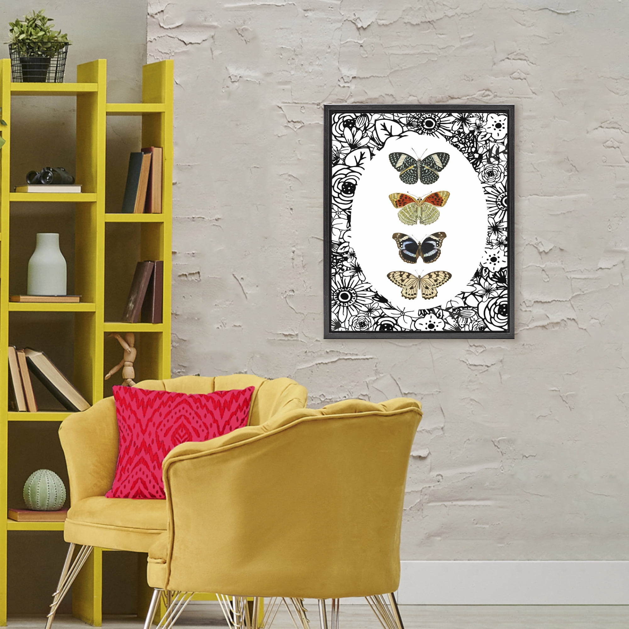 Stupell Industries Floral Butterfly Lineup Black Framed Floater Canvas Wall Art, design by Dan Meneely