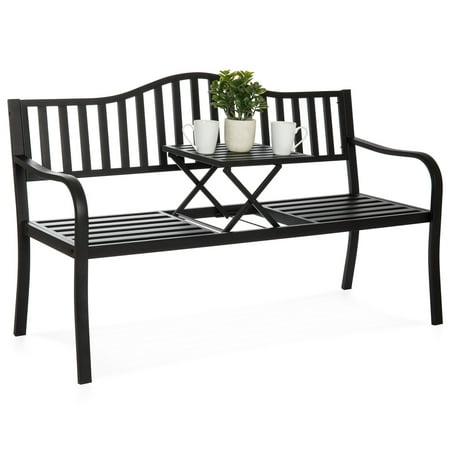Black Slate Patio Best Choice Products Cast Iron Patio Garden Double Bench Seat for Outdoor, Backyard w/ Pullout Middle Table, Weather-Resistant Steel Frame ()