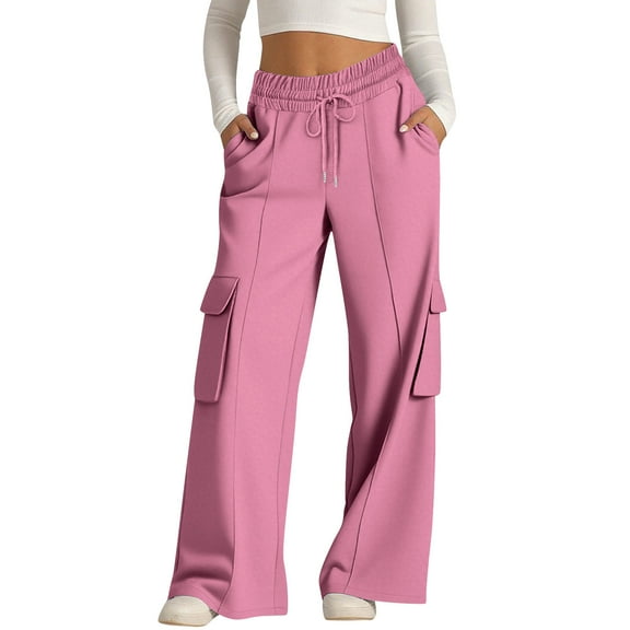 HAPIMO Women's Wide Leg Sweatpants Cargo Pants Baggy Straight Pants Casual Workout Pants Drawstring Elastic Waist Trousers with Pockets Pink L