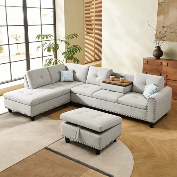 Leumius 98" L Shaped Sectional Couch,Modern Oversized Modular Sofa Couch with Storage Ottoman & Deep Seat,Sectional Couches for Living Room,Office,Light Gray