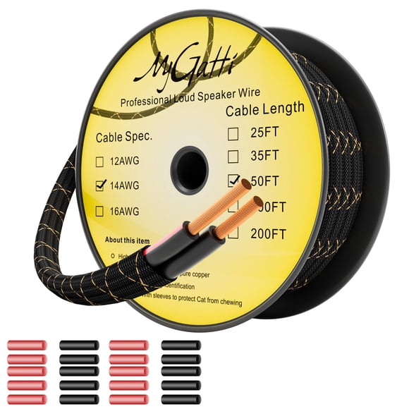 14/2 Speaker Wire 50 Feet, 14AWG Gauge Speaker Cable, Direct Burial, Durable Nylon Braided, in Wall, 2 Conductors, OFC Oxygen-Free Copper, for Car Au