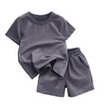 thumbnail image 4 of Gubotare Girls Outfit Sets Toddler Baby Girl Summer Clothes Ribbed Knitted Short Sleeve T-Shirt Tops Ruffle Shorts Set 2Pcs Bow Outfit 6T 7T (Dark Gray,6-7 Years), 4 of 6
