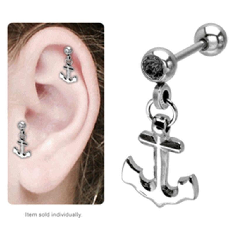 16g 1/4" Anchor Dangle Clear CZ Tragus Helix Cartilage Barbell  Earrings