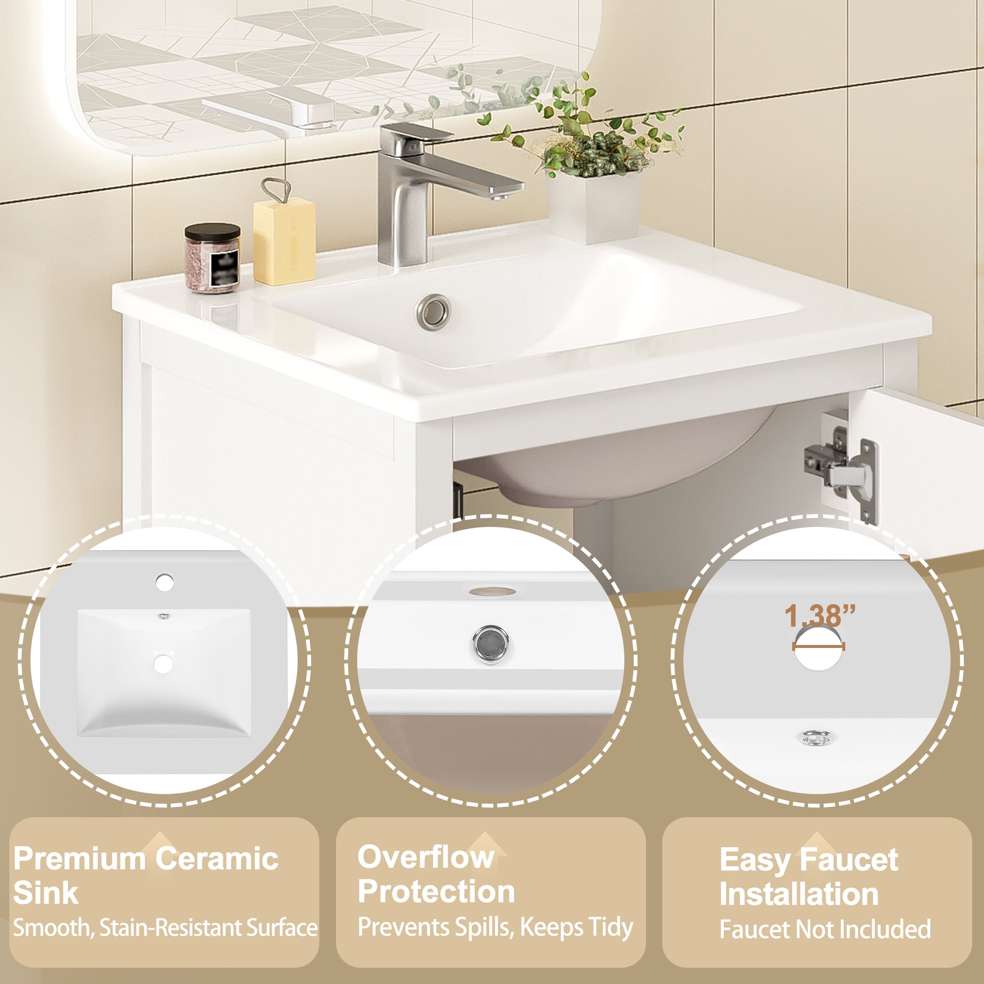Euroco 20-Inch Modern Bathroom Vanity with Ceramic Sink, Soft-Close Drawer & Door, Double-Layer Door Organizer, Divider Drawer, Adjustable Foot Pads