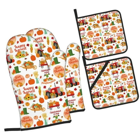 

Honeii Fall Farm Pumpkin Pattern Oven Mitts and Pot Holders Silicone Oven Gloves 500 F Heat Resistant Oven Mitts Sets 4PCS