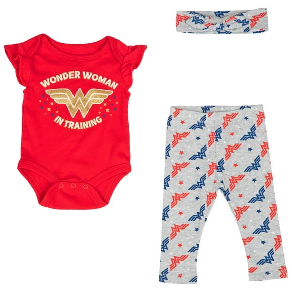 Wonder Woman Logo 3-Piece Bodysuit and Pants Set w/ Headband-6-9 Months