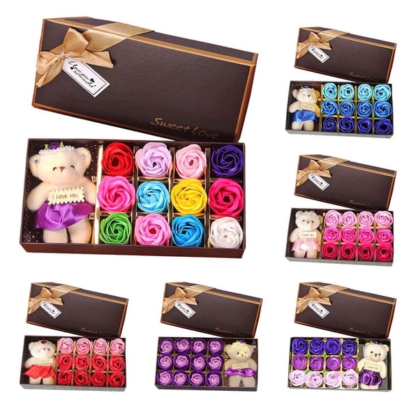 Valentine's Day Gifts $10 & Under Nkmbld Valentines Eternal Rose Gifts Box, 12Pcs Rose Soap Flower Plush Bear Rose Flower Petals Romantic Gifts for Her