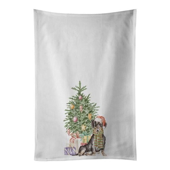 Dachshund Black Tan Christmas Presents and Tree White Kitchen Towel Set of 2 19 in x 28 in
