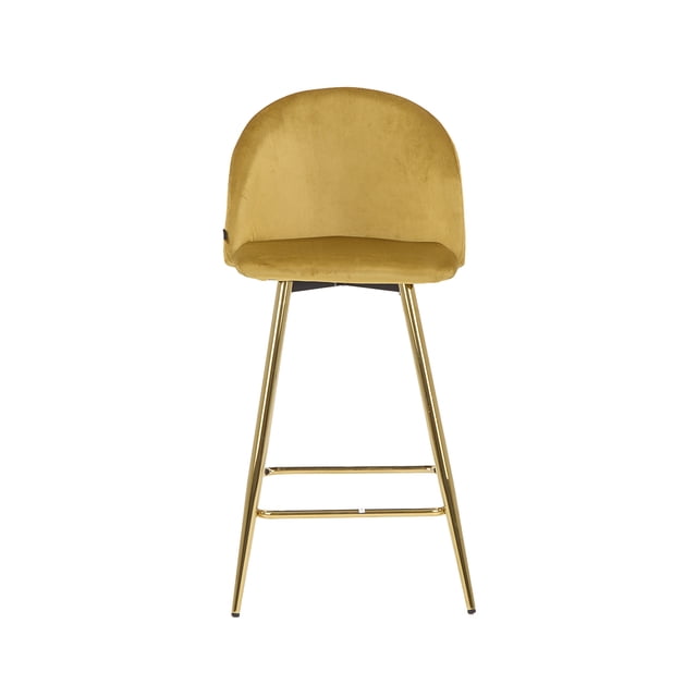 banco alto jonotla velvet pata dorada - café Silla alta de bar con asiento y respaldo curvo tapizados en velvet color Rosa Dorado, patas metálicas doradas cónicas con dos reposapiés horizontales, vista frontal centrada sobre fondo blanco. A menudo usada también como asiento auxiliar en áreas de maquillaje.