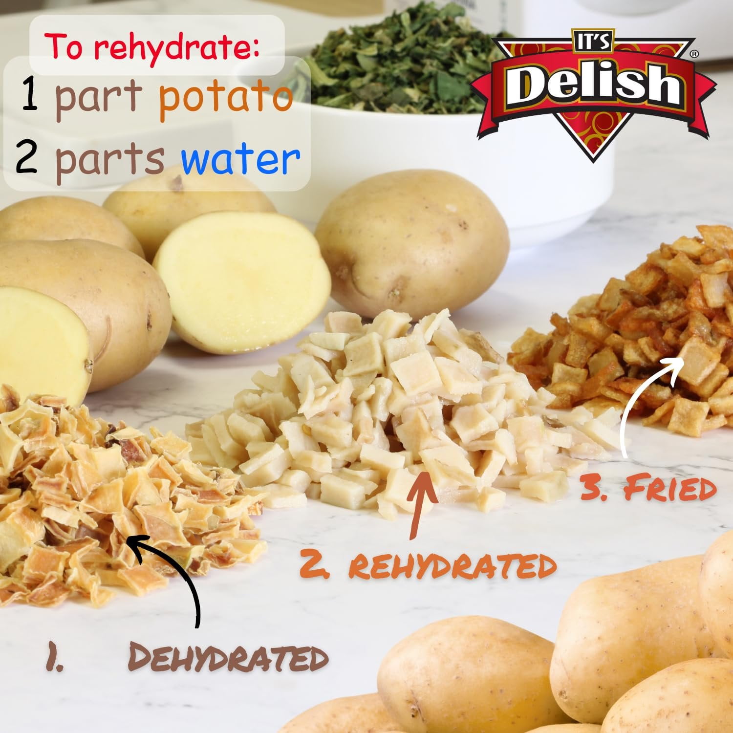 Gourmet Dehydrated Potato Dices by Its Delish, 20 Oz Jumbo Reusable Container  Natural Dried Potatoes Chopped Diced  Great for Recipes, Camping, Emergency Food Supply Vegetable, Stews, Soups, Baking