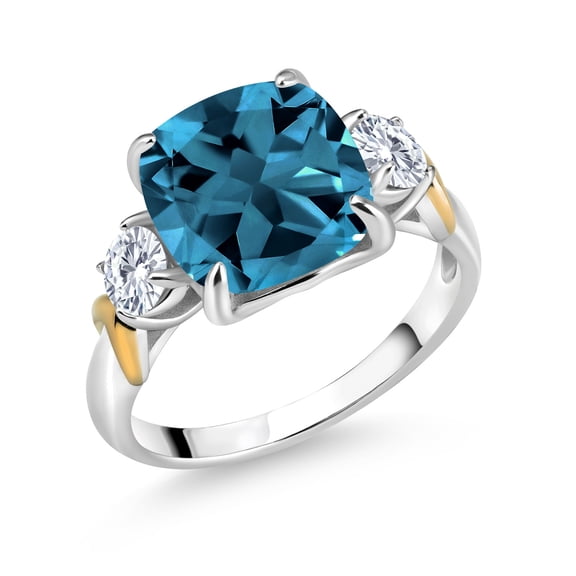 Gem Stone King 925 Silver and 10K Yellow Gold London Blue Topaz and White Lab Grown Diamond 3 Stone Ring for Women (5.74 Cttw, Gemstone November Birthstone, Cushion 10MM, Round 4MM, Size 7)