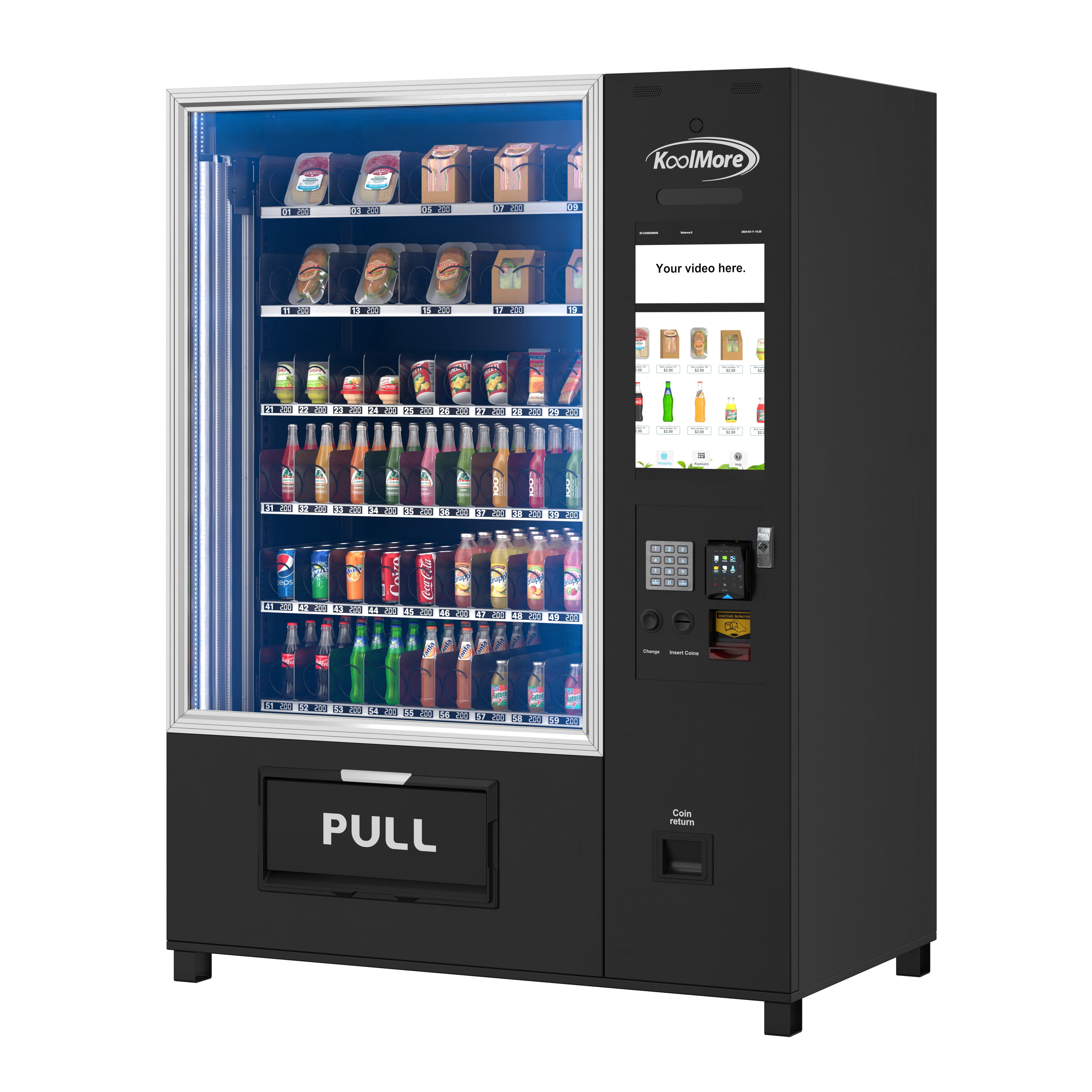 Refrigerated Snack Vending Machine In Black With 66 Slots and 21.5 Inch Touch Display Featuring Elevator-Lift Dispensing System,Bill Acceptor, Credit Card Reader, Wifi and 4G Connectivity