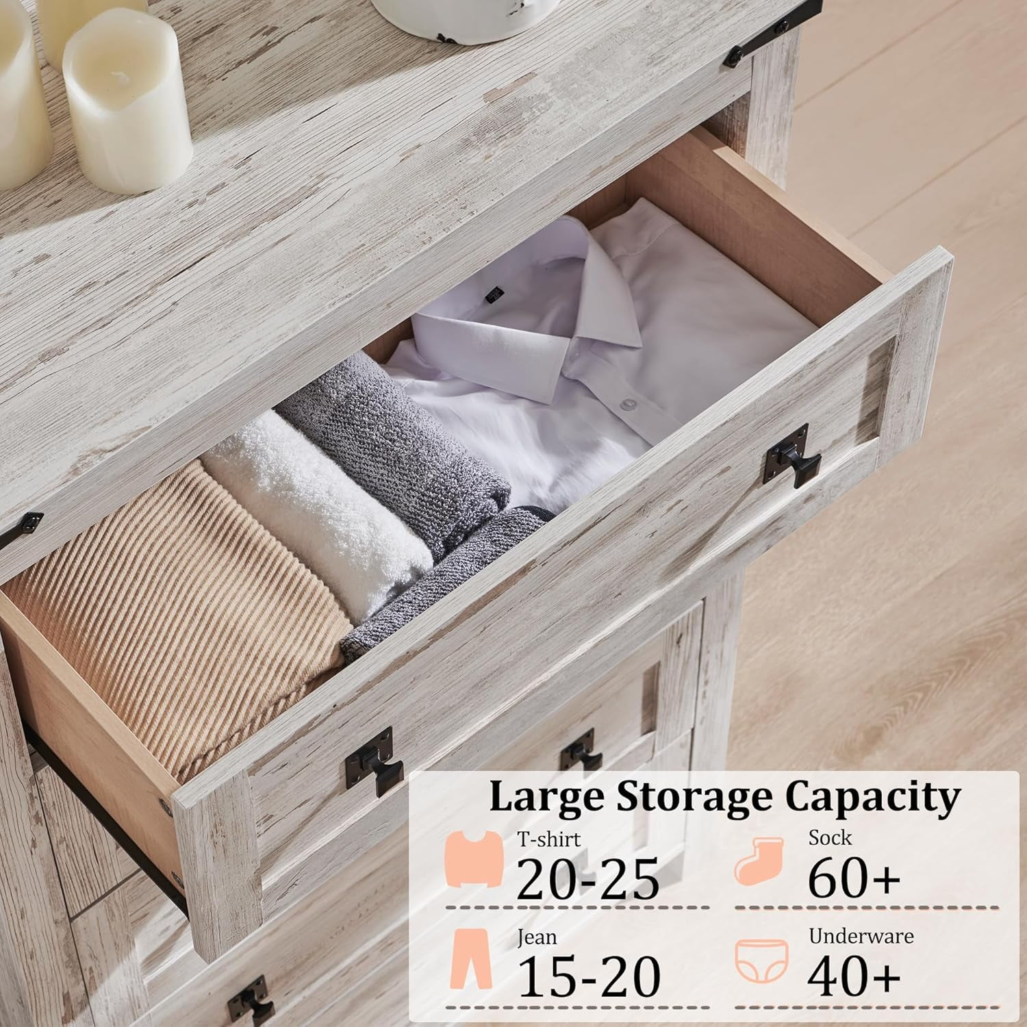 OKD 5 Drawers Dresser Chests for Bedroom Farmhouse, Wood Rustic Tall Chest of Drawers, Antique Brush White