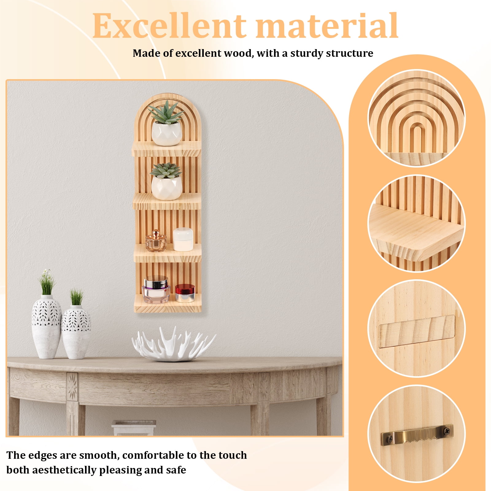 FKSZLL Boho Wall Shelf with Arched Wood Design Floating Shelf Mid-Century Rainbow Decor Wall Shelf for Home Bedroom Living Room Bathroom Office, 18.9 x 5.7 x 4.33 Inch, 4 Tier