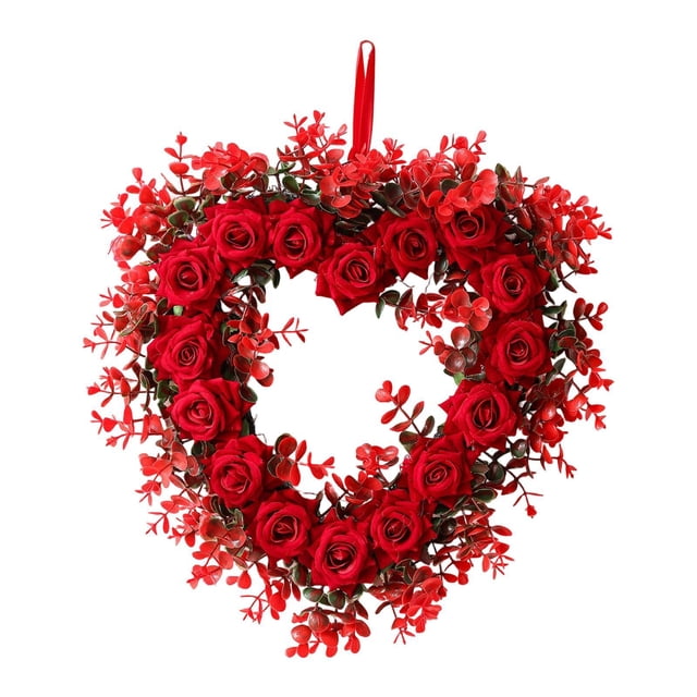 Corona de corazón para San Valentín con rosas artificiales y adornos románticos. Estilo D