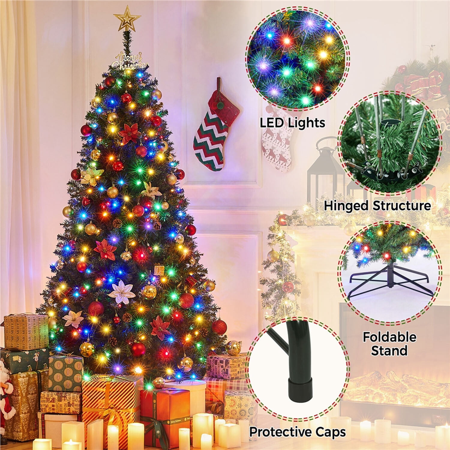 Alden Design 6FT Pre-lit Artificial Christmas Tree with Foldable Stand and Multicolored LED Lights, Green