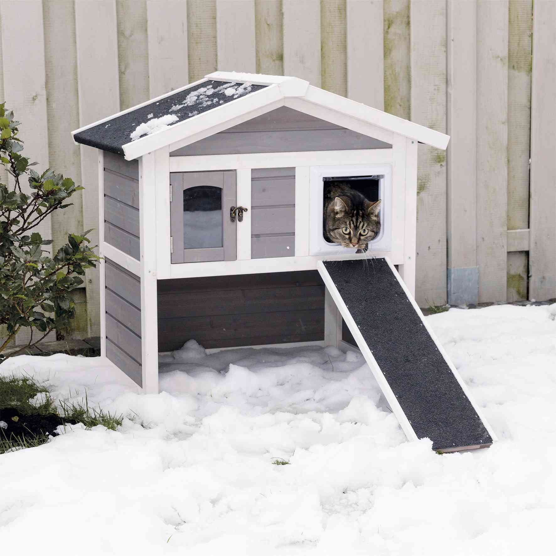 TRIXIE natura Elevated Weatherproof & Insulated Outdoor Cat House with Door Flaps, Gray