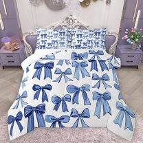 Homewish Ribbon Bow Knot Full Size Comforter Sets,Cartoon Bowtie Bedding Comforter Set,White Blue Bedding Sets For Girl,Breathable Home Decor,3pcs