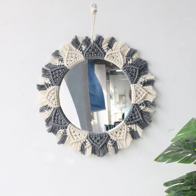 Espejo decorativo de pared con borlas redondas para el hogar creativo, estilo tapiz tejido hecho a mano, espejo de maquillaje