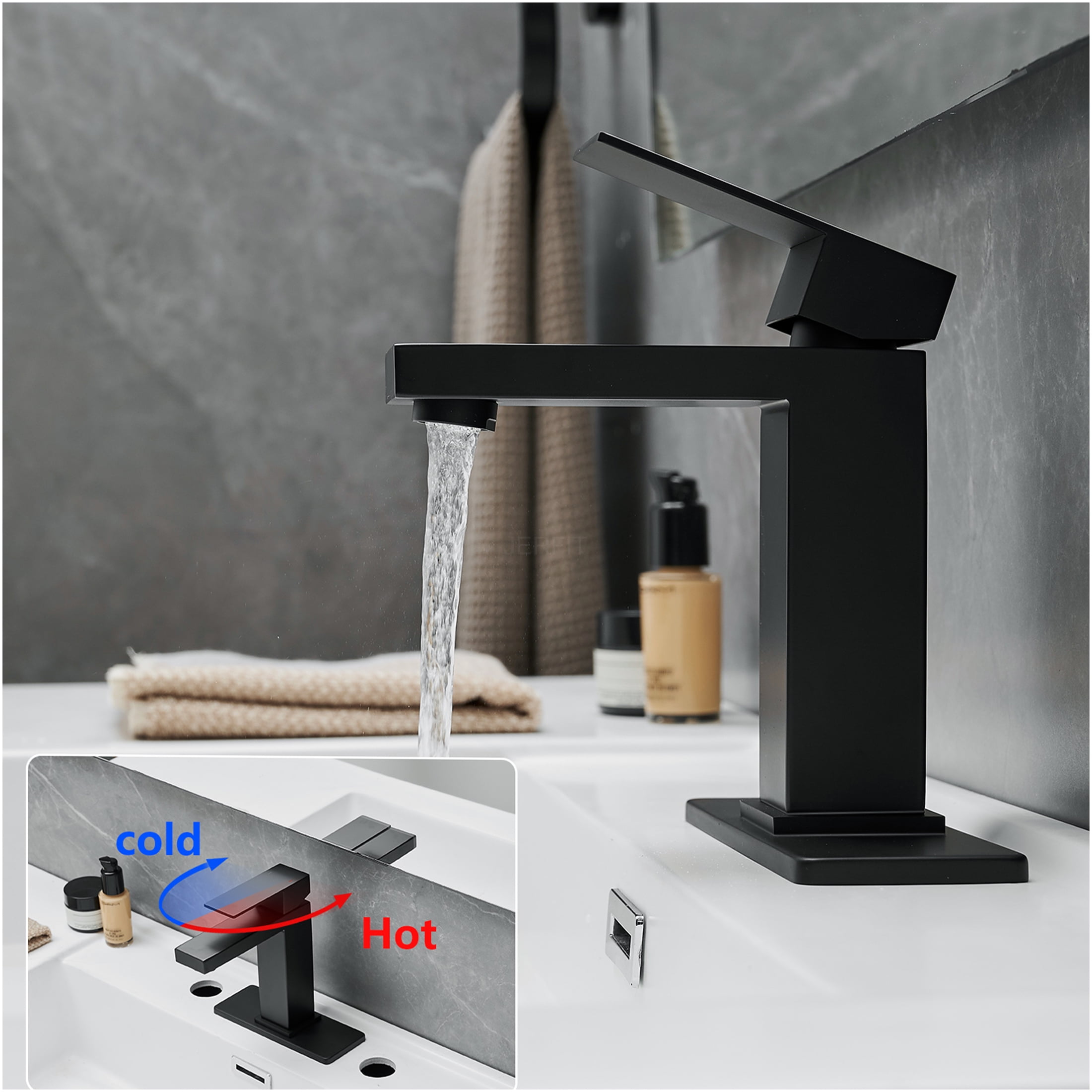 JERFIT Modern Black Waterfall Bathroom Sink Faucet with Pop-Up Drain, Single Hole 1-Handle Vanity Mixer Tap, Brushed Nickel & Brass Construction