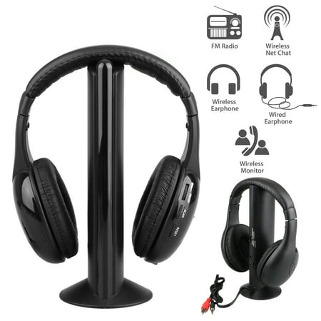 Rf Headphone System 5 in 1 Headset Wireless Headphones Earphones Cordless RF Radio Mic w/ Holder Stand for PC TV DVD CD MP3 MP4 ()