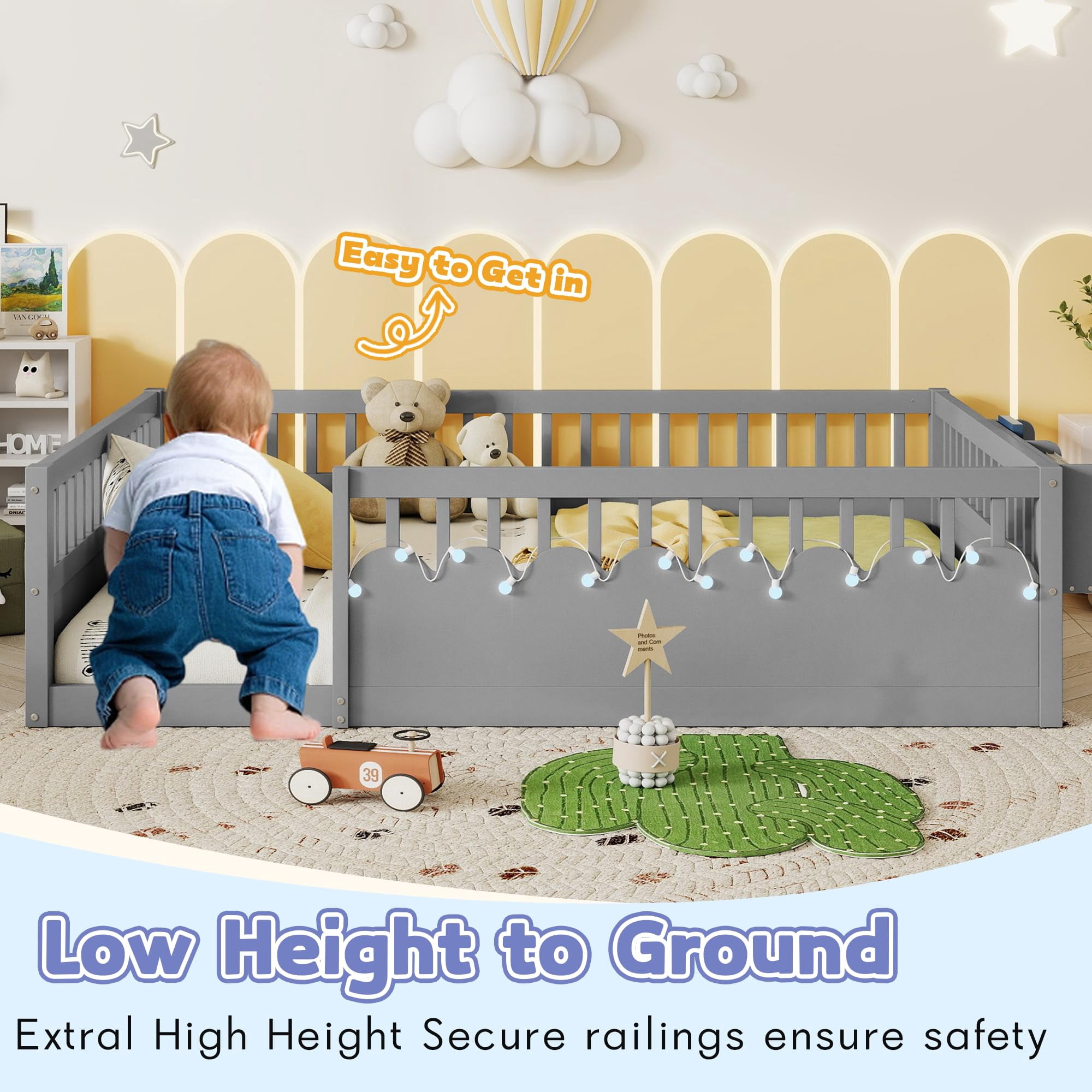 Montessori  High Rails and LED Lights Floor Bed, Full Size