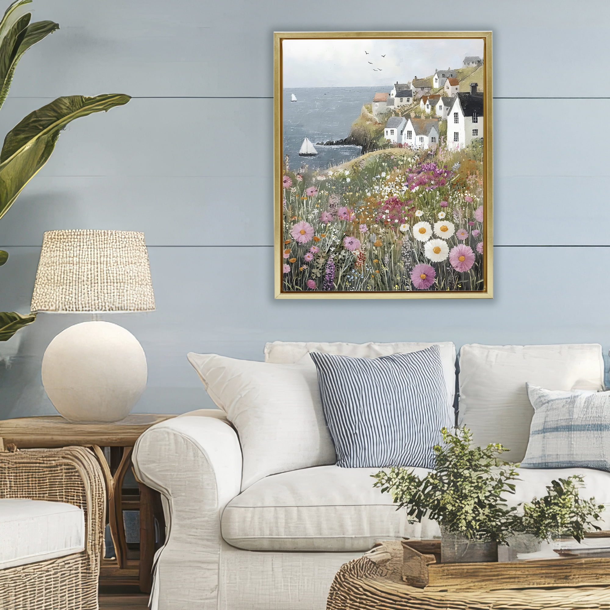 Stupell Industries Pink Meadow Overlooking Sailboats Gold Framed Floater Canvas Wall Art, design by Riley B