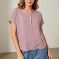 thumbnail image 3 of cocolona Summer Tops for Women Short Sleeve Crew Neck Button Asymmetrical Hem Shirts Dressy Casual Solid Color Blouses, 3 of 5
