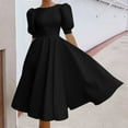 thumbnail image 2 of YWDJ Semi Formal Dresses for Women Wedding Guest Fashion Solid Pile Of Sleeves Large Swing Short Sleeve Mid Skirt Backless Dress Spring Summer Dresses for Women 2023BlackS, 2 of 8