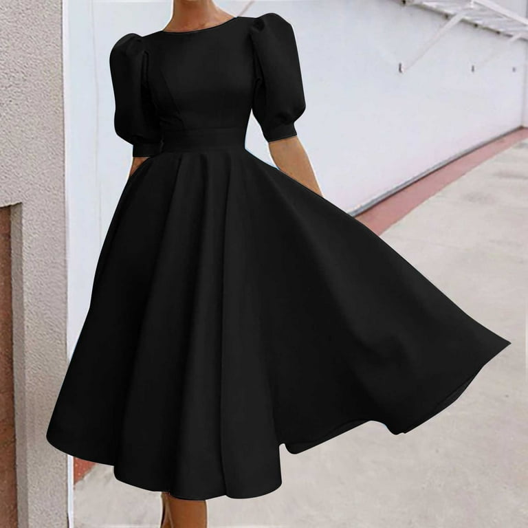 Ywdj Semi Formal Dresses for Women Wedding Guest Fashion Solid Pile Of Sleeves Large Swing Short Sleeve Mid Skirt Backless Dress Spring Summer Dresses