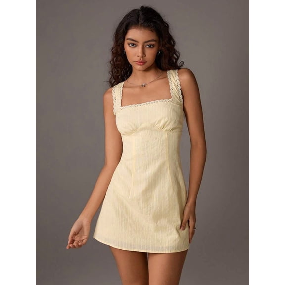Yellow A-Line Mini Dress With Floral Lace Trim And Square Neckline