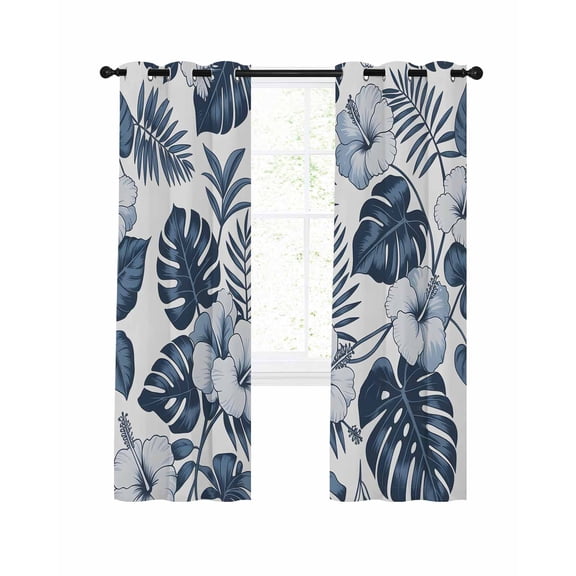 Blue Flowers Blackout Curtains for Bedroom Living Room, Tropical Plant Leaf Palm Twigs Vintage 84 In Long Thermal Insulated Room Darkening Drapes Grommet Window Treatments, 42 x 84 In
