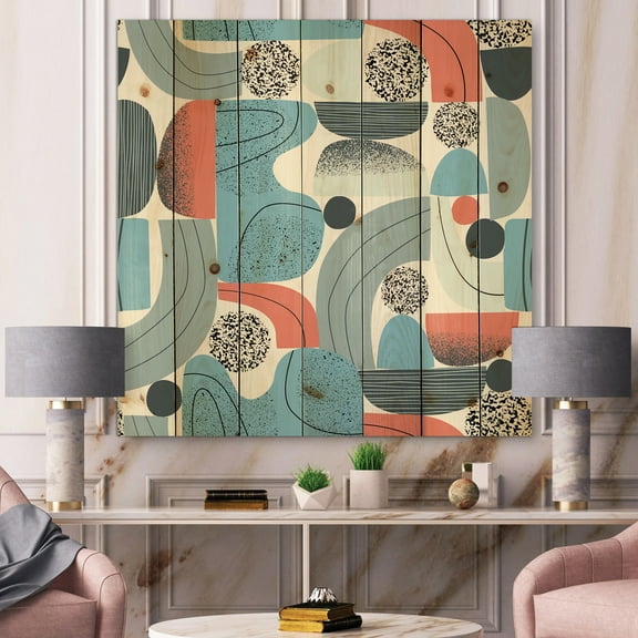 Designart 'Retro Shapes With Abstract Moons and Suns II' Modern Print on Natural Pine Wood
