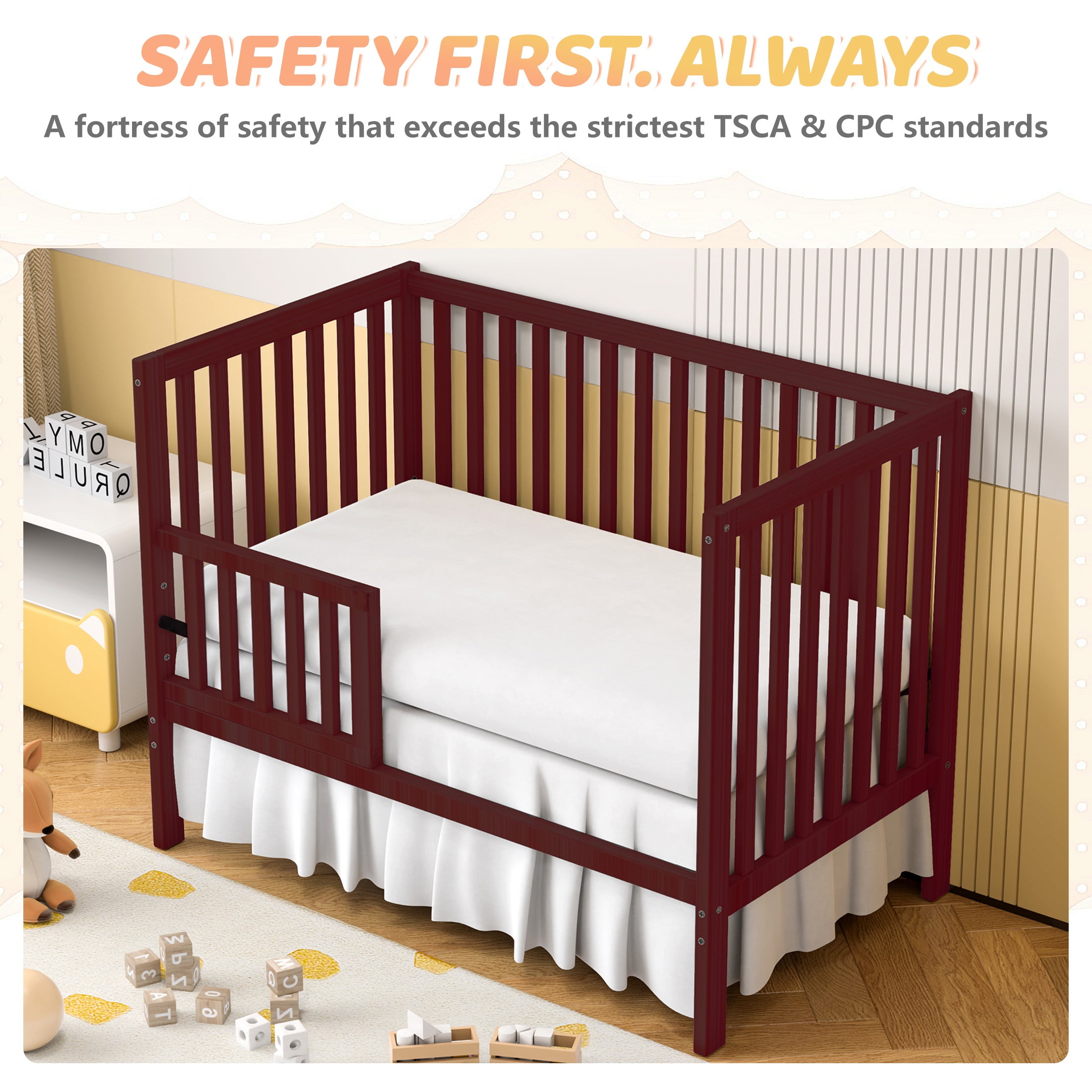 SESSLIFE 5-In-1 Convertible Crib, Cherry Baby Bed, Converts from Baby Crib to Toddler Bed, Fits Standard Full-Size Crib Mattress(Not Included)