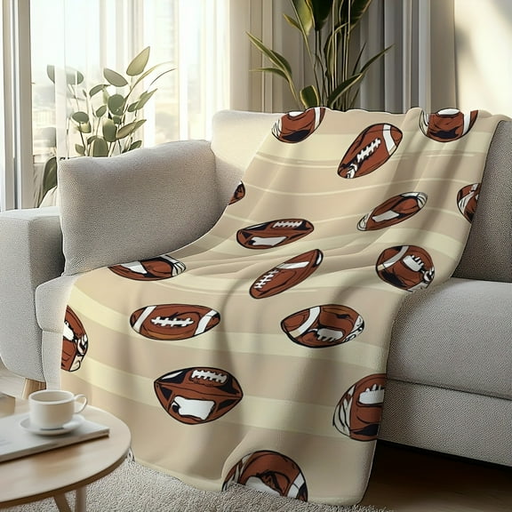 1pc Cozy Thanksgiving Footballs Printed Throw Blanket - Plush Flannel Retro Striped Design with Red/Beige/Brown Football Pattern, All-Season Warmth for Sofa, Couch, Bed, Office & Camping - Perfect Gi