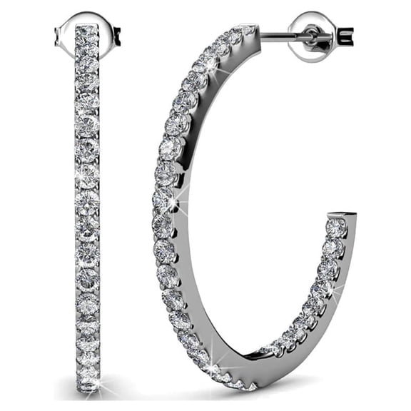 Cate & Chloe Rosalyn Beautiful 18k White Gold Hoop Earrings w/ Swarovski Crystals, Sparkling Silver Slinder Hoops Earring Set w/ Solitaire Diamond Crystals Wedding Anniversary Jewelry - MSRP $119