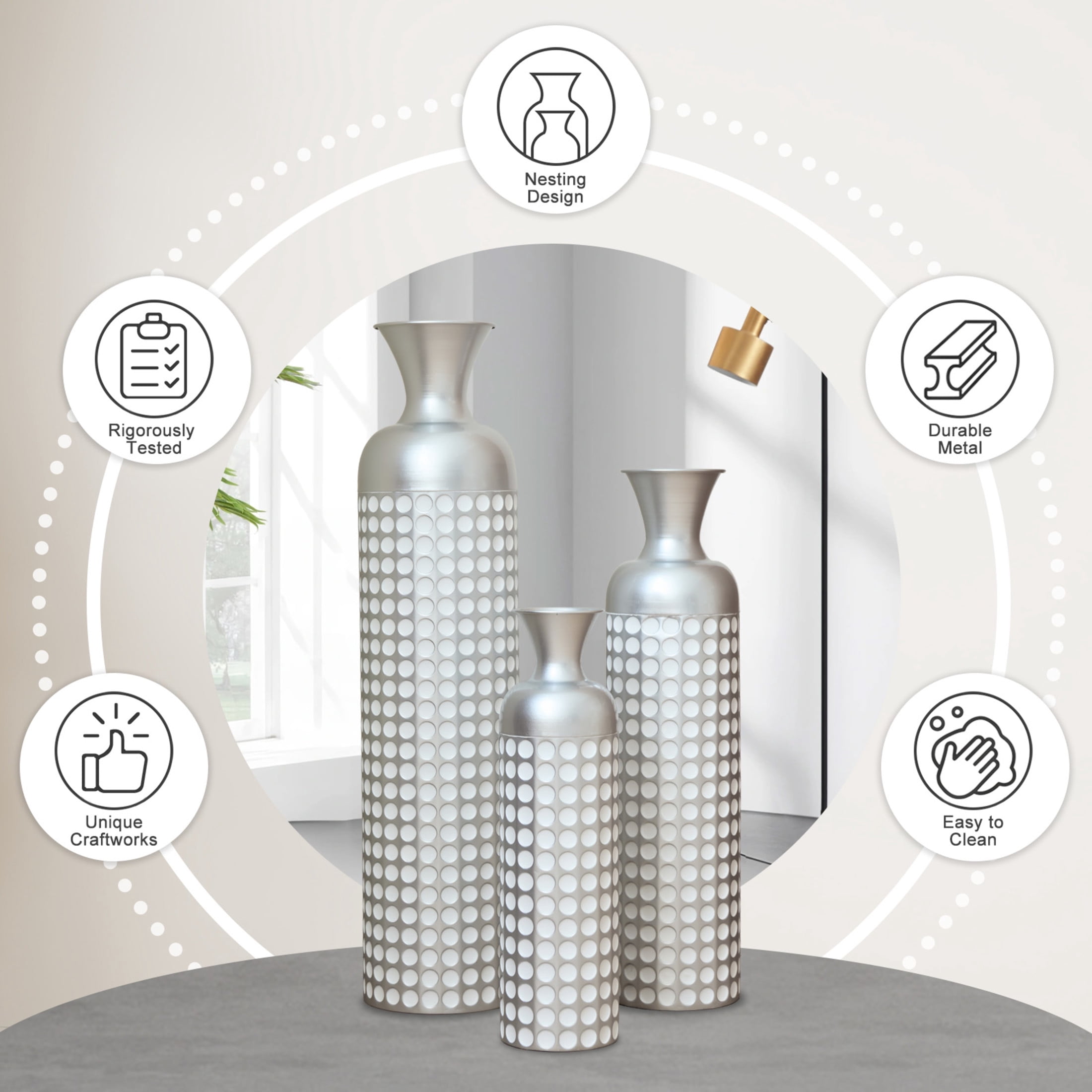 Noble House 3-Piece Metal Vase Set, 33.07", 25.98", 19.49" Nested Embossed Decorative Vases, Vintage Silver