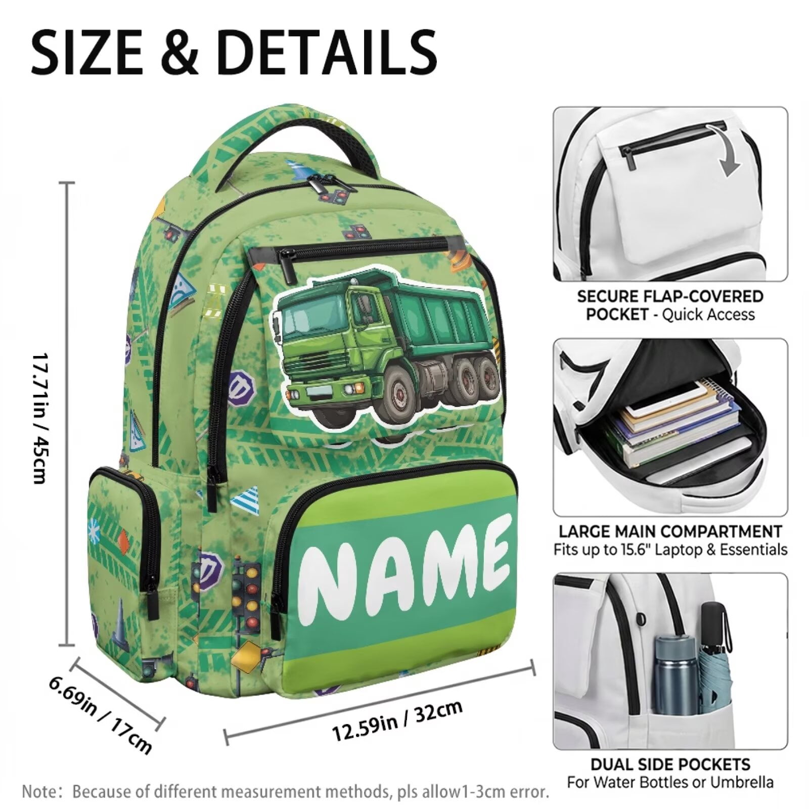 Chririnla Car-Green Print Kids School Bag Teen Boys Custom Name Print Backpacks Laptop Bags Front Pocket School Backpack Padded Straps Front Zipper Pocket