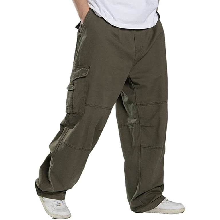 PIKADINGNIS Men's Baggy Cargo Pants Casual Loose Fit Elastic Waist Cotton Twill Cargo Pants