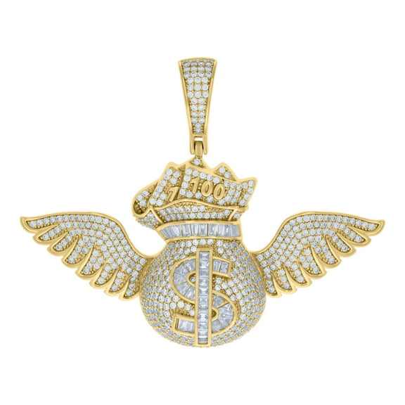 925 Sterling Silver Yellow-tone Mens Cubic-Zirconia Flying Money Bag Currency Fashion Pendant