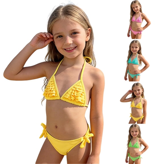 Xiaoxatg Girls' 2 Piece Floral Print Knot Front Ruched Triangle Bikini Swimsuit 9-10 Years Sky Blue